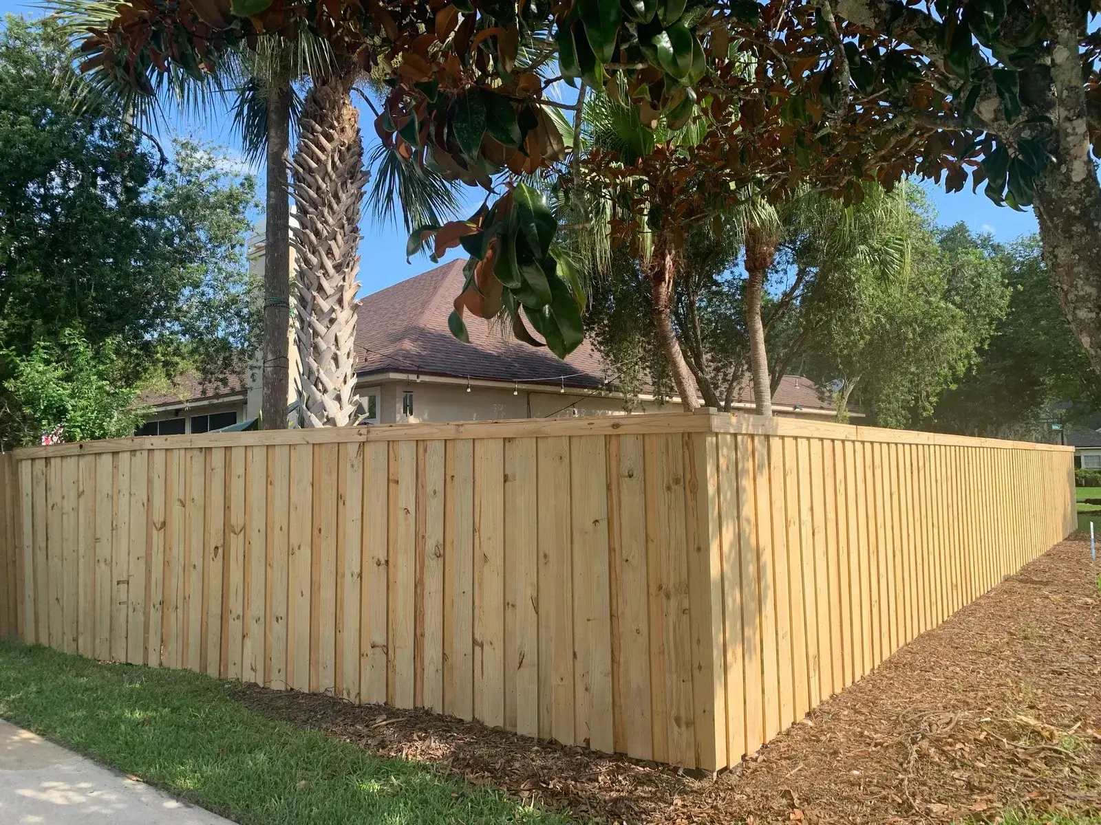 Wood privacy fence wrapping the corner of a Jacksonville back yard beneath palm trees